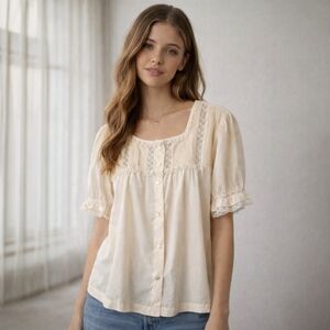 Vintage 70s Cream Peach Lace Pintuck Prairie Blouse Size XL Romantic Cottagecore